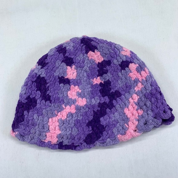 Crochet Beanie Hat Purple Pink Handmade Knit Winter Hat Warm Soft Unique Thick - Picture 4 of 6